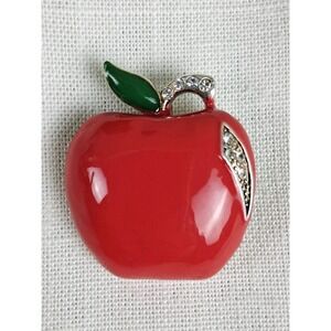 Vintage Glossy Red Enamel Rhinestone Apple Brooch Lapel Pin Teacher Appreciation